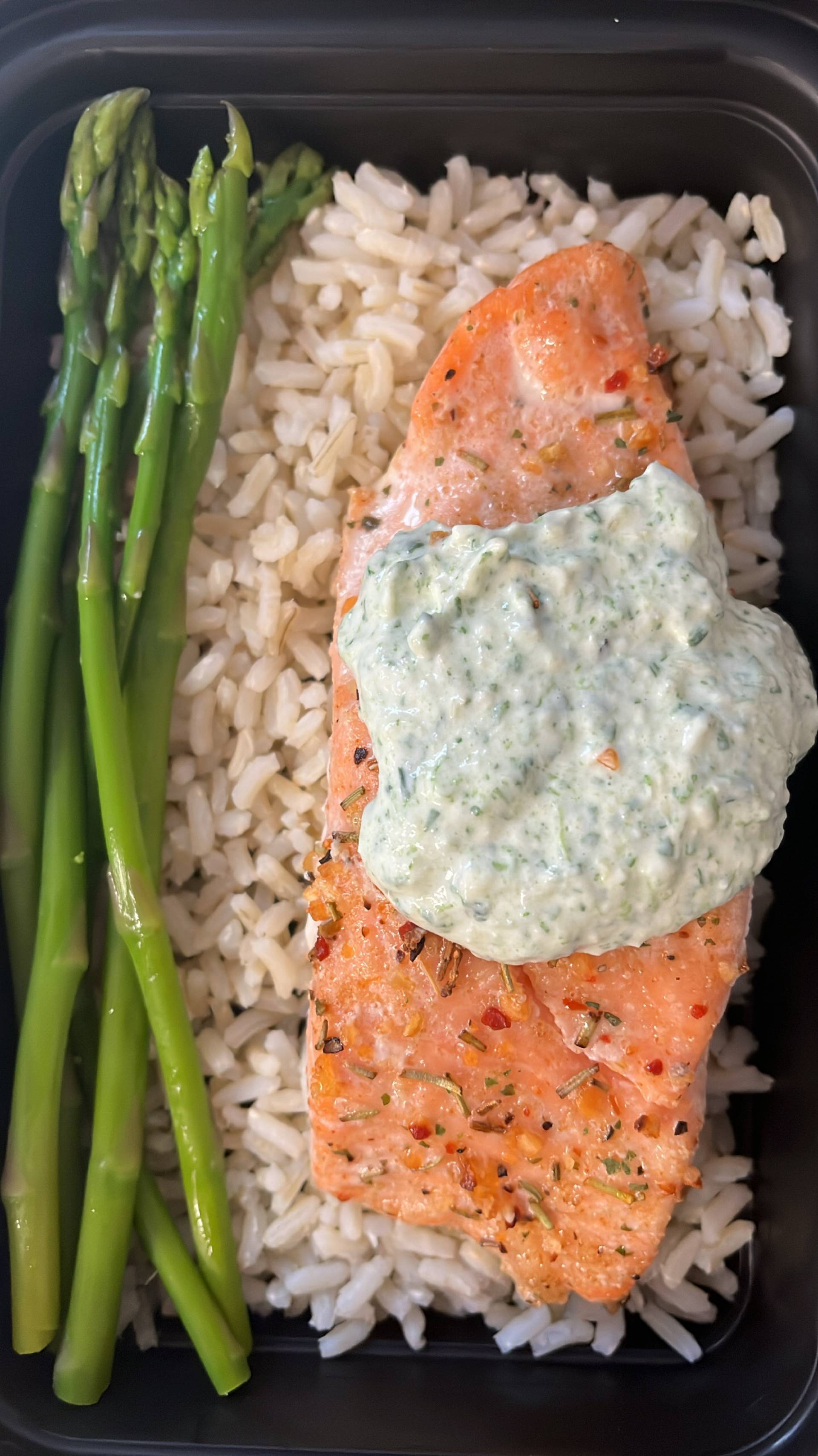 Baked Salmon, Spinach & Artichoke Dip w/ Brown Rice