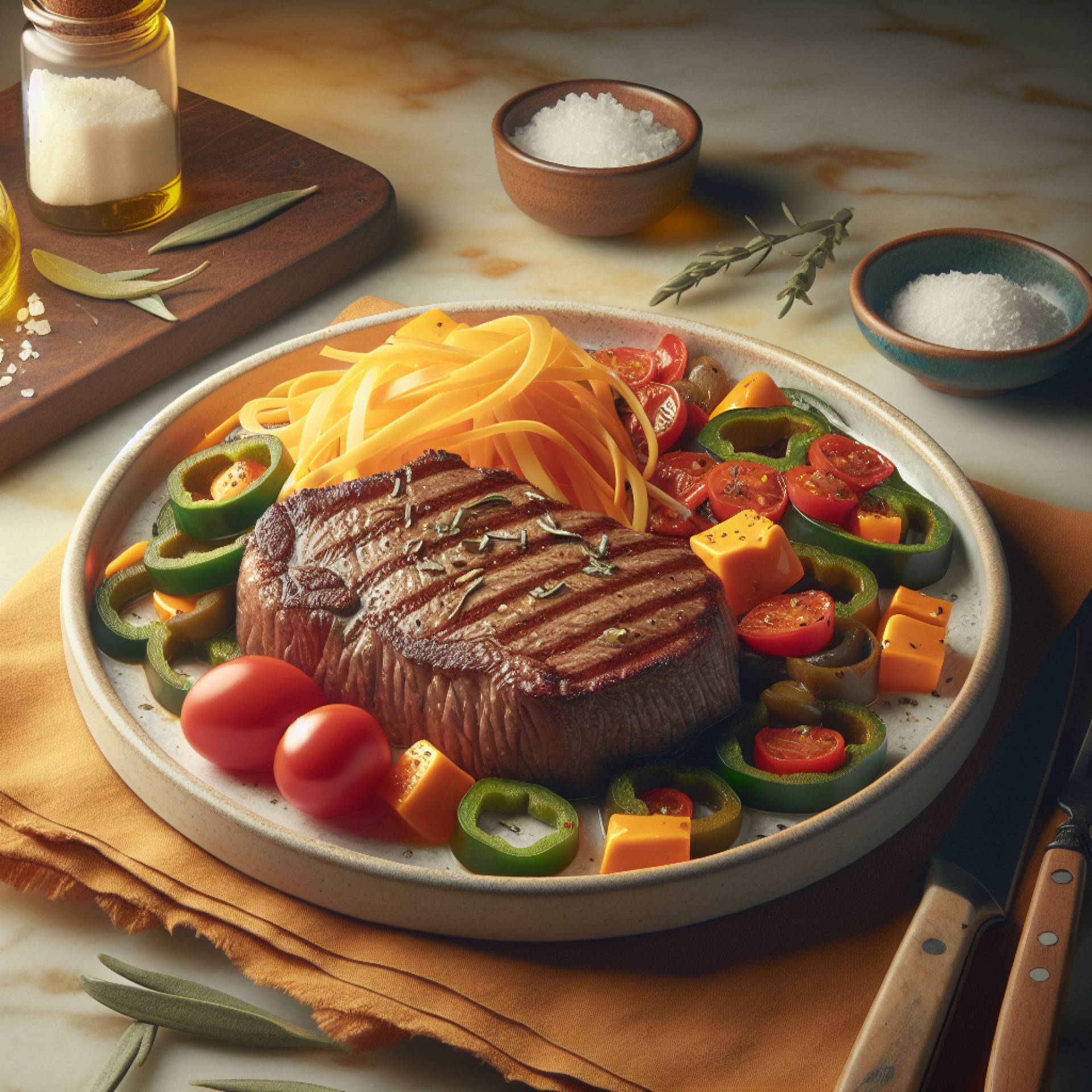 Keto Low Carb) Zesty Steak, Cheddar w/ Peppers & Onions