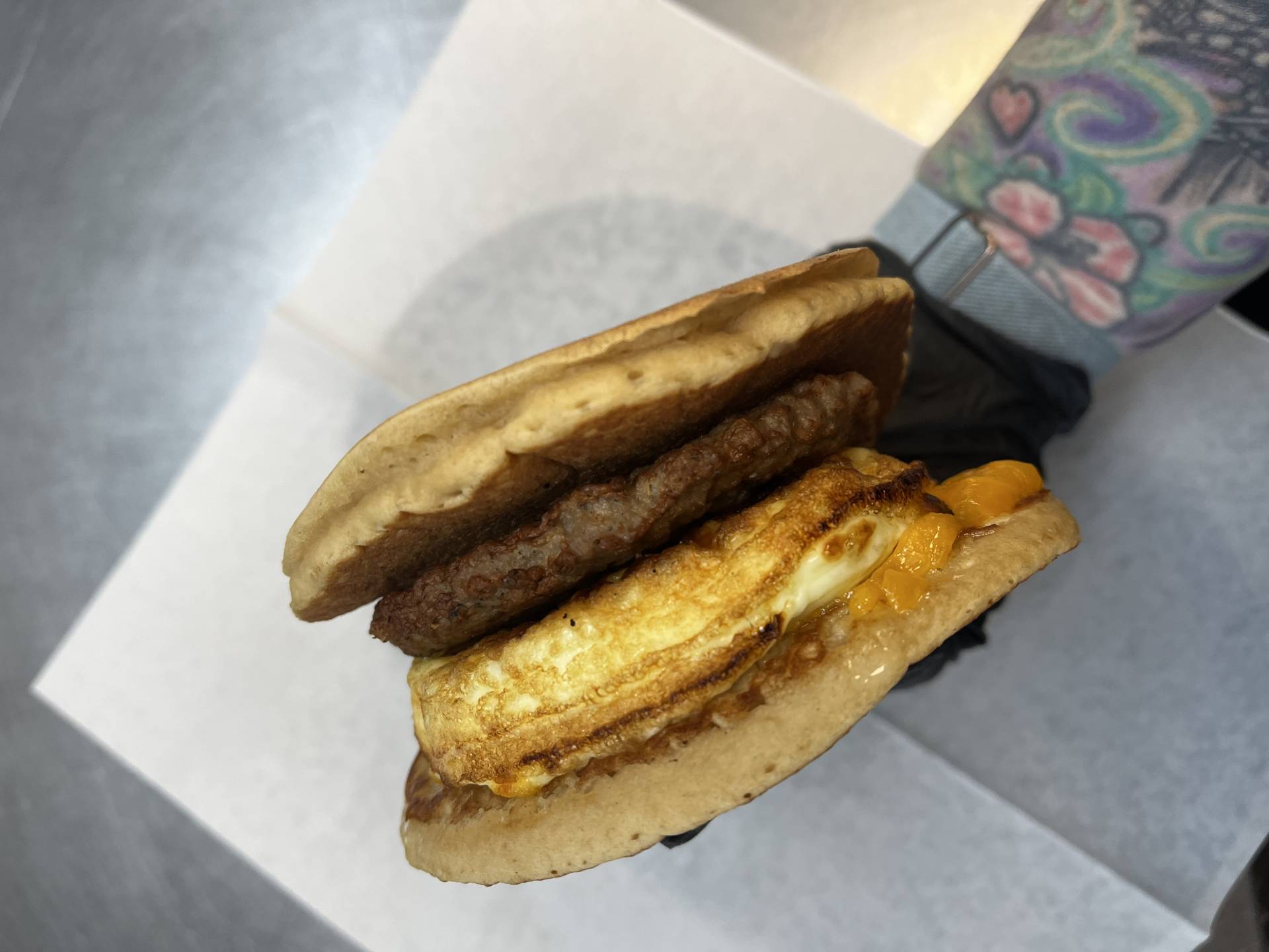 Breakfast) Pancake, Egg White, Cheddar & Sausage Sammy