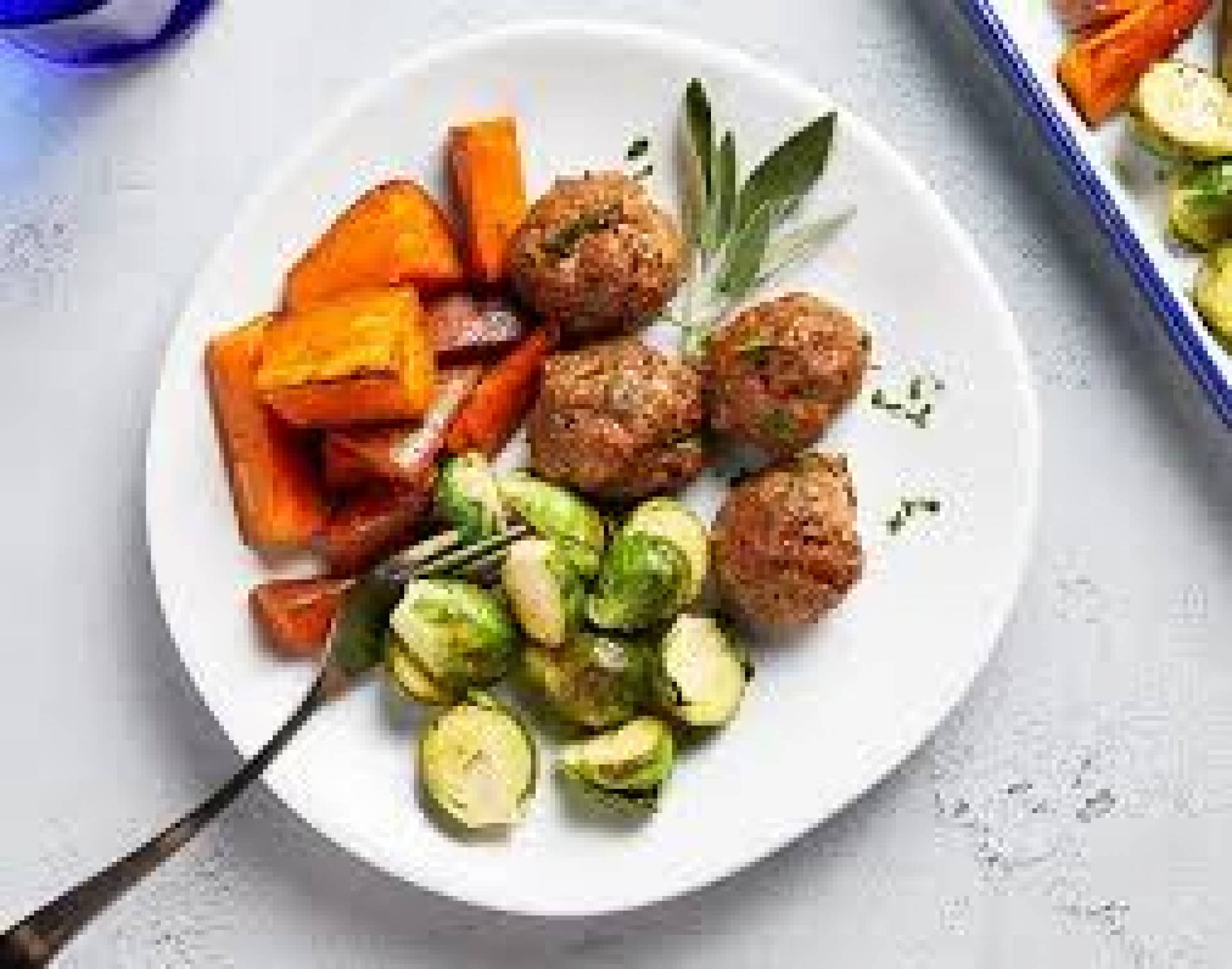 Balanced Meal) Turkey Meatballs, Brussels, Sweet Potatoes, Feta