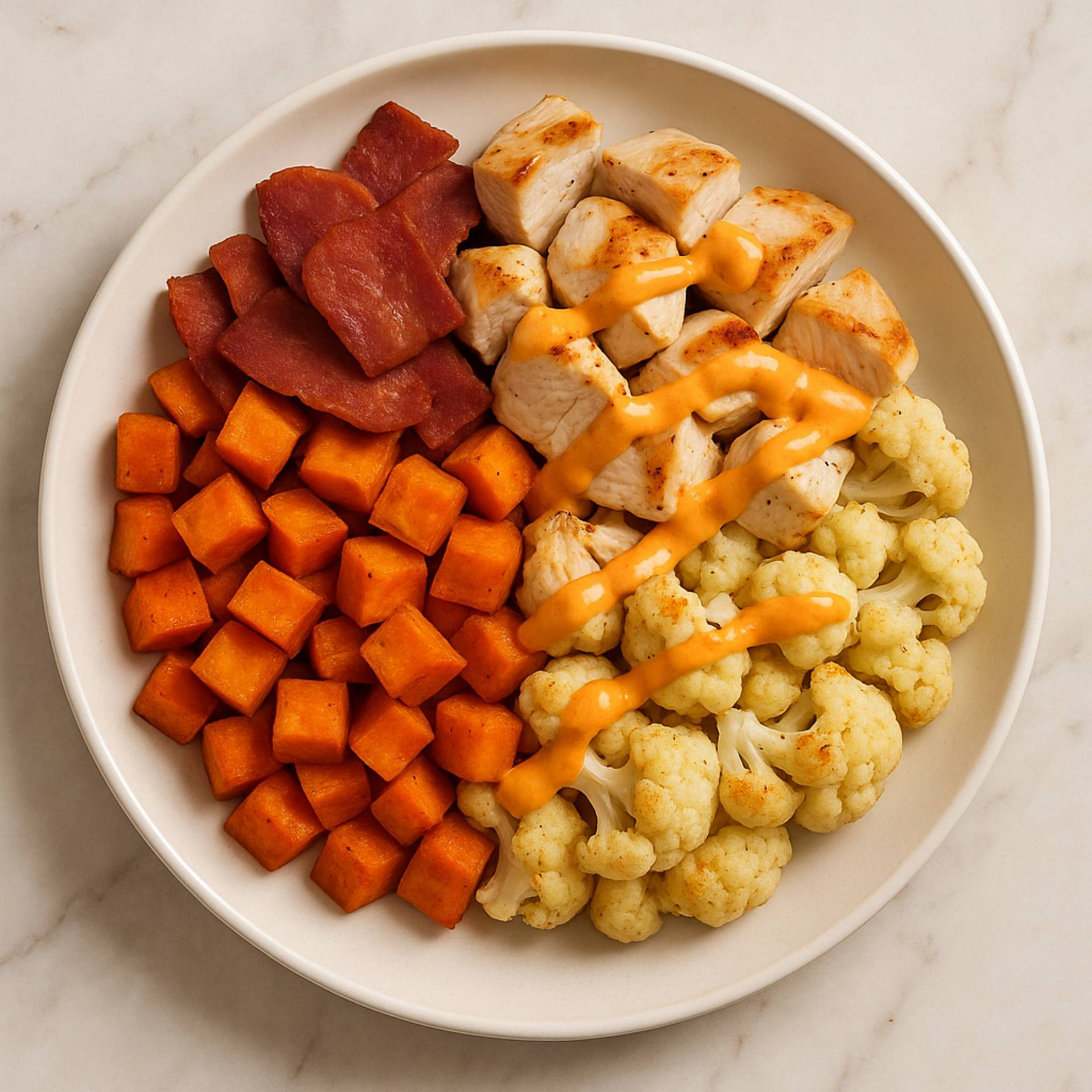 Balanced Meal) Chicken, Bacon Buffalo Ranch Sweet Potato Bowl