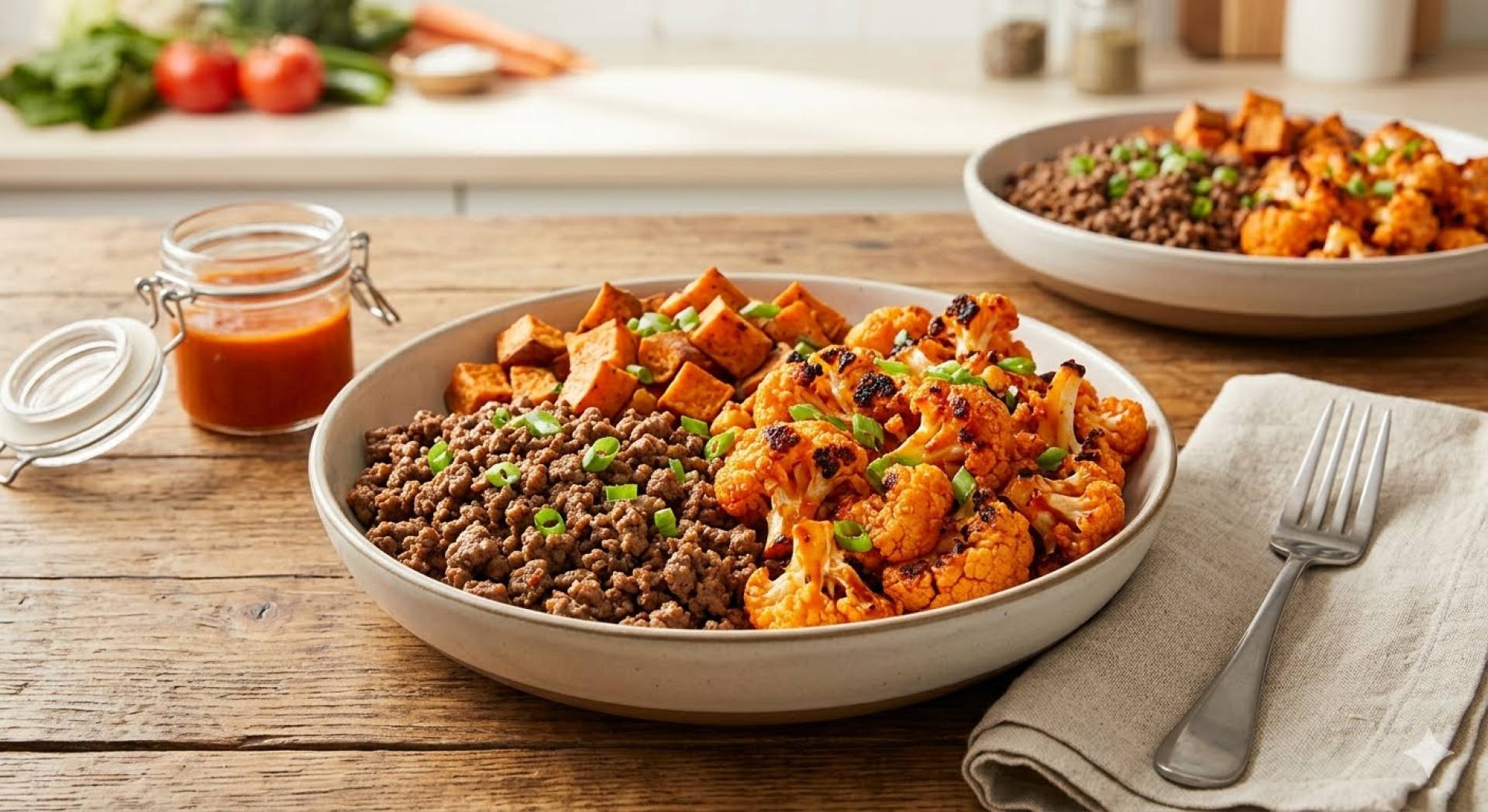 Balanced Meal) Spicy Beef, Bacon, Buffalo Ranch, Sweet Potato Bowl